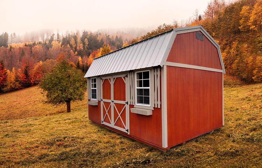 Side Lofted Barn with shutters and flower boxes for sale in Tennessee